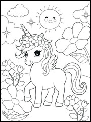 Black and White Unicorn Coloring Page for Kids. Cute, Hand-Drawn, Printable Activity Sheet with Cartoon Characters.
