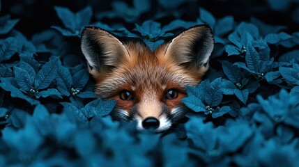 Obraz premium Red fox peeking from behind teal leaves
