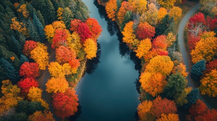Aerial view of autumn forest with river, foliage, and sunlight