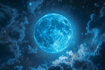 Fototapeta premium Glowing blue full moon in night sky with clouds and stars. (1)