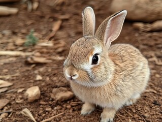 Fototapeta premium Adorable baby bunny outdoors in nature, brown soil background, pet animal.