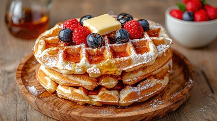 Delicious waffles with berries and butter for breakfast
