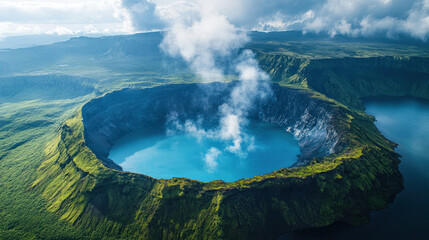 Aerial photography of a volcanic crater with steam rising from its depths and surrounding rugged terrain
