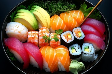 Assorted Sushi Selection In A Dark Bowl