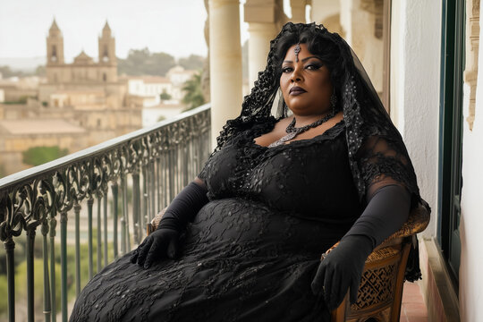 Fotograf&iacute;a de retrato de una mujer vestida de negro con velo y peineta de mantilla, sentada en una silla