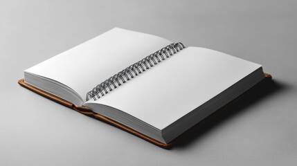 An open blank notebook with a spiral binding on a gray surface.