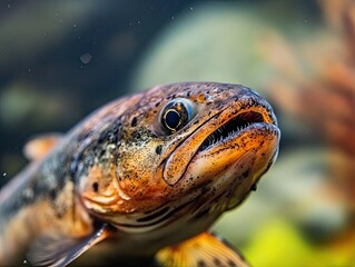 Close-up of a fish in an aquarium, underwater scene.