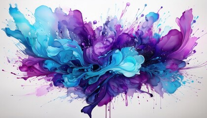 Vibrant Ink Splatter Artwork Explosive Blue and Purple Abstraction on White Background, Showcasing Energy and Movement