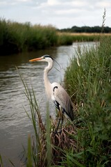 Naklejka premium Grey heron standing in reeds by the water
