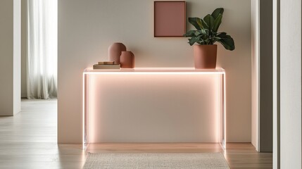 Fototapeta premium Furniture trendy luxury and innovative, A modern entryway featuring a sleek console table with ambient lighting, stylish vases, and a potted plant against a minimalist backdrop.
