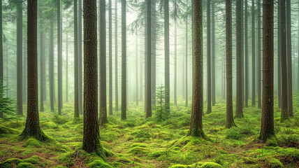 Obraz premium 冷たい朝霧に包まれた針葉樹林の幻想的な風景