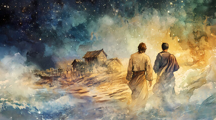 Digital watercolour painting and illustration of biblical story about job lost his wealth and children, then job contracted leprosy which was difficult to cure. Starweave. Illustration