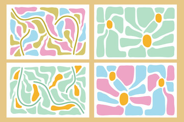 Modern Abstract floral design. Set of groovy flowers. Abstract botanical Art. Pastel backgrounds. Modern hand drawn textures. Vector illustrtation for print, cover, fabric, interior decor, wall art