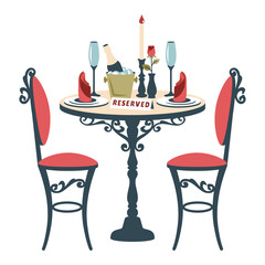 Romantic table. Vintage table and chairs with Romantic setting. Restaurant reservation. Table for two with bottle of wine, lamp, glasses, rose, candles. Vector cartoon flat illustration