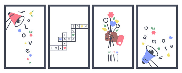 Set of Valentines cads. Loudspeaker with Love message. Cartoon Sound horn. Human Hand holding bouquet of Flowers. Black man Giving Flower. Crossword puzzle with romantic lettering. Vector illustration