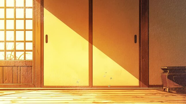 Traditional Japanese room with rays of sunlight illuminating tatami floor and serene ambiance  
Seamless looping 4k time-lapse virtual video animation Generated AI