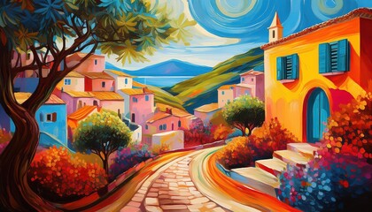 Vibrant Fauvist Landscape Colorful Mediterranean Village Bathed in Sunlight with Lush Trees and Winding Paths Amidst a Spectacular Scenery