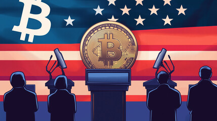 us presidential podium with bitcoin logo. illustrative art