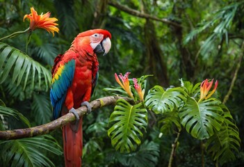 Obraz premium Vibrant Scarlet Macaw in a Tropical Jungle