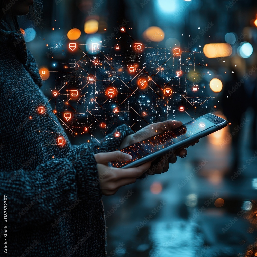 Poster a person uses a smartphone with a network of digital icons overlaid representing connectivity and mo