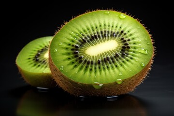 Freshly sliced kiwi revealing vibrant green flesh and fine black seeds for a healthy snack or dessert option