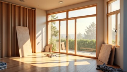 Fototapeta premium Empty room undergoing home renovation. Sunlight streams through large windows. Construction materials scattered on floor. Modern design. Renovation process in progress. Sunny day. Interior design.