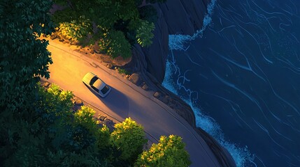 Naklejka premium An aerial shot of a car driving along a road beside a body of water and trees on either side