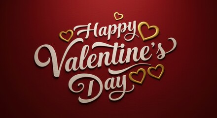 Valentine's Day Celebration: The words "Happy Valentine's Day" are elegantly scripted, framed by a cascade of golden hearts against a rich red background.