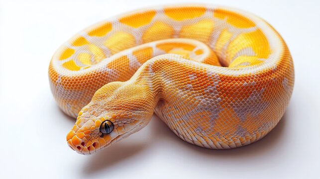 Yellow python coiled on white background, studio shot, reptile pet.