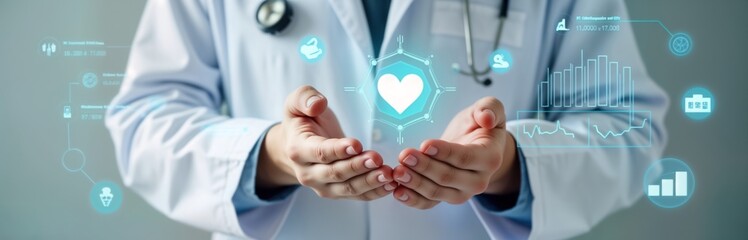 Doctor in lab coat holds tech heart icon. Modern healthcare concept. Person uses digital tech to analyze patient data. Hospital setting. Futuristic medical diagnosis scene. Shows tech, health care