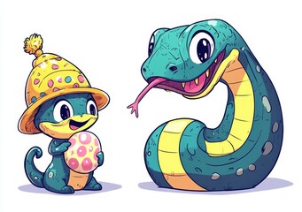 Fototapeta premium A mother snake gently moves a colorful rattle in front of a baby snake with a pacifier, symbolizing the bond of motherhood