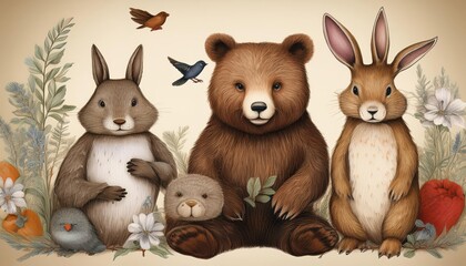 Whimsical Encounter Vintage Bear, Rabbit, and Bird Characters Amidst a FoliageRich Woodland Scene, Evoking a Charming and Nostalgic Mood.