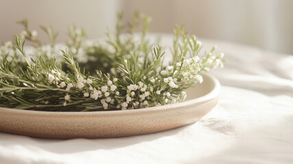 陶器の皿に飾られたローズマリーと白い花のリース
