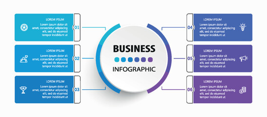 Business infographic vector design template with 6 options, steps or processes. Can be used for workflow layout, diagram, annual report, web design	
