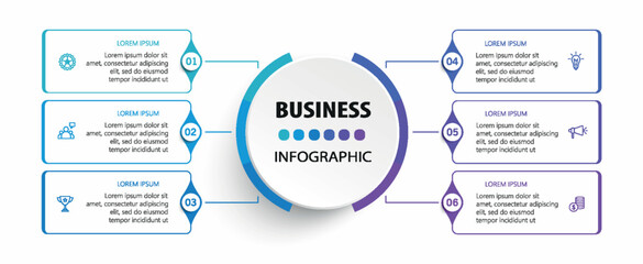 Business infographic vector design template with 6 options, steps or processes. Can be used for workflow layout, diagram, annual report, web design	
