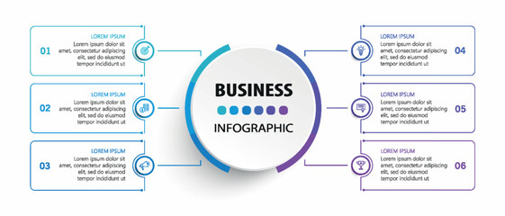 Business infographic vector design template with 6 options, steps or processes. Can be used for workflow layout, diagram, annual report, web design	
