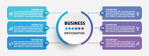 Business infographic vector design template with 6 options, steps or processes. Can be used for workflow layout, diagram, annual report, web design	
