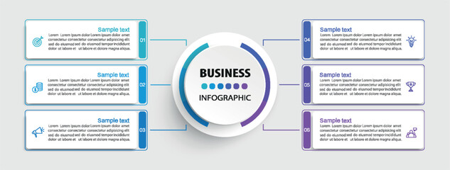 Business infographic vector design template with 6 options, steps or processes. Can be used for workflow layout, diagram, annual report, web design	
