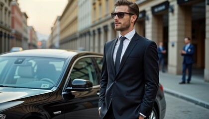 Pro chauffeur stands near luxury car. Stylish man in suit awaits passenger. City street background. High-end transportation service showcased. Successful businessman in formal wear. Exterior view of
