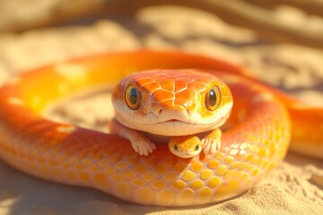 Fototapeta premium A close-up of a green-textured snake and her baby, illustrating a venomous animal in the wildlife, part of an animal family in nature