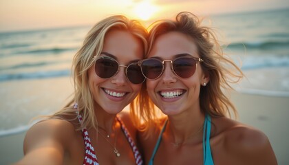 Two smiling women with sunglasses pose together on a sandy beach, illuminated by a stunning sunset. Their carefree expressions radiate happiness and friendship, capturing the essence of summer fun and