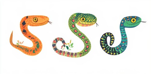 Cute and funny cartoon snake character. Happy python, cobra, and viper, these long-tailed reptiles are featured in an isolated set. Ideal for depicting crawling tropical zoo animals, perfect for