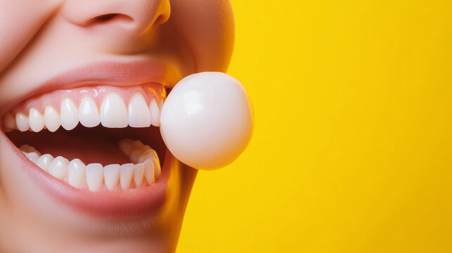 female white shining theeth with chewing gum isolated on yellow background. healthy white clean theeth mouth hygiene