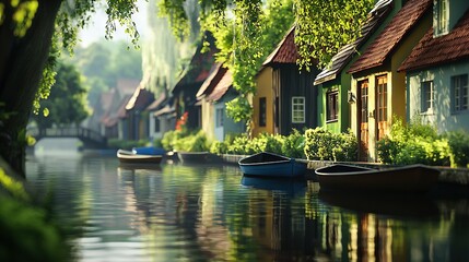 Obraz premium Houses line riverbank; boats nearby