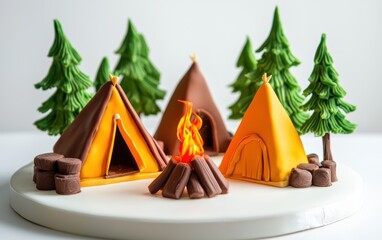 A camping-themed 3D cake with edible tents, a campfire, and chocolate trees on a bright white plate