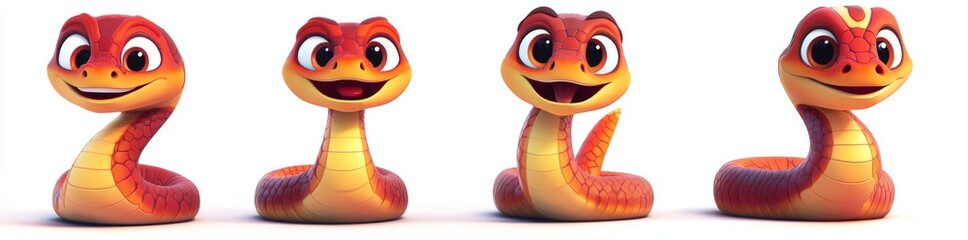 Fototapeta premium A 3D illustration of a happy, red cartoon snake on a transparent background