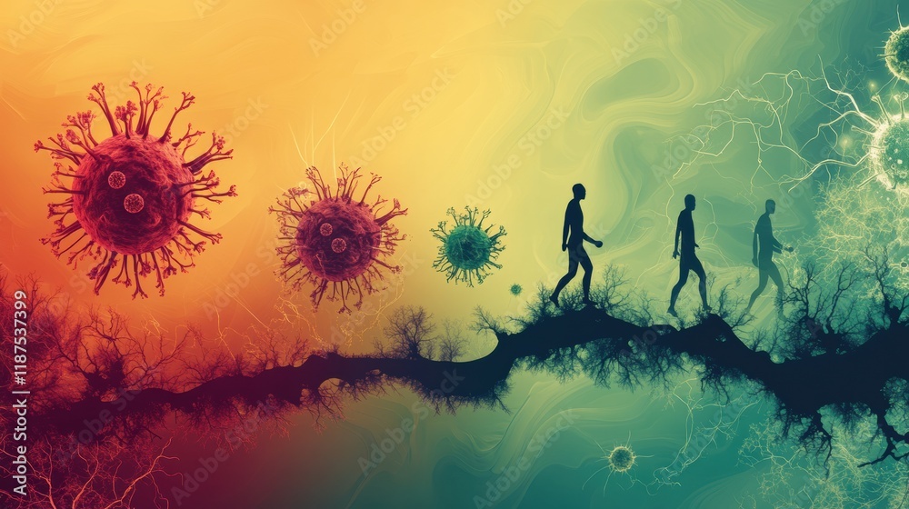 Fototapete progression of virus forms illustrating basic to complex evolution alongside human figures demonstra