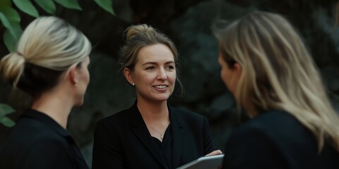 Obraz premium Three professional women engage in an inspiring discussion, highlighting collaboration, empowerment, and leadership in a modern business environment filled with potential.