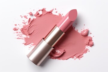 Stylish pink lipstick rests on a soft pink smear, showcasing its creamy texture and color perfect for daily wear and special occasions