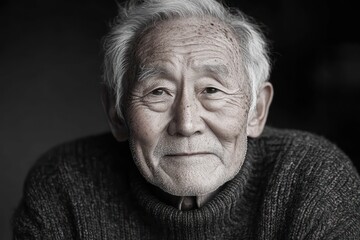 Obraz premium Elderly Man Peaceful Portrait with Gray Background Soft Lighting and Cozy Sweater for Memory Loss Awareness